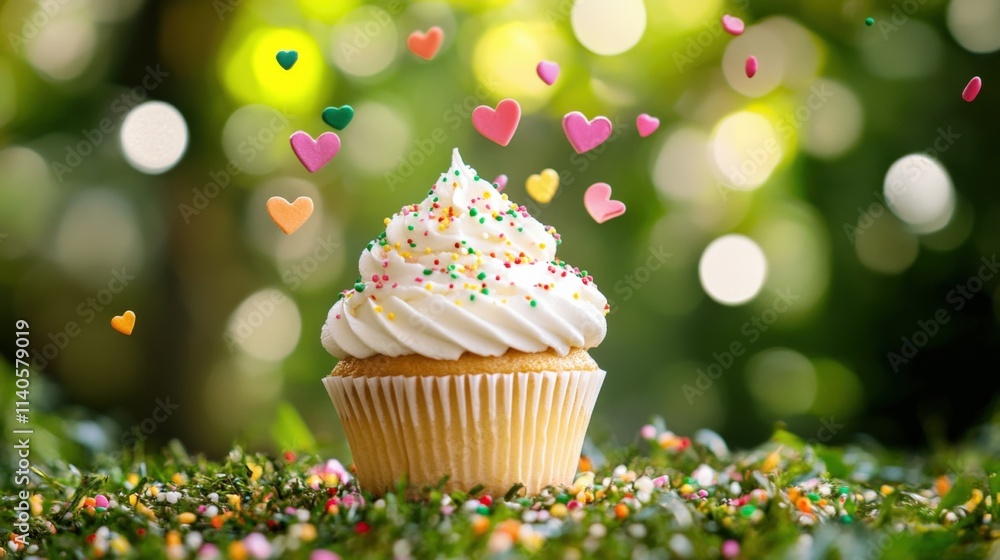 close up of a cupcake with frosting and sprinkles surrounded by hearts close up of a cupcake with frosting and sprinkles surrounded by hearts