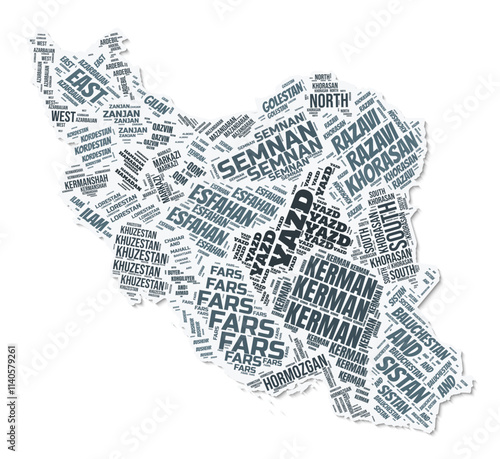 Iran shape text cloud. Country border with shadow on white background. Iran with regions division in vintage gazette style. Beautiful vector illustration.
