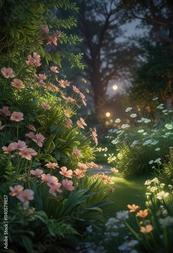 Ethereal garden at dusk with soft green background and glowing flora, botanical, peaceful