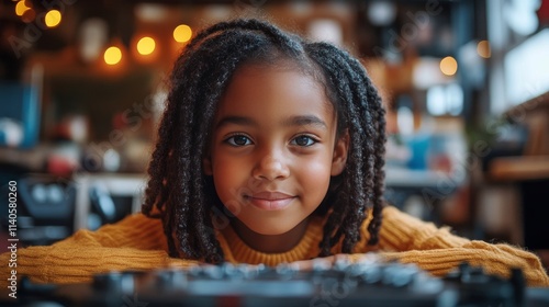 Young girl with curly hair smiles while working at a computer in a classroom ...