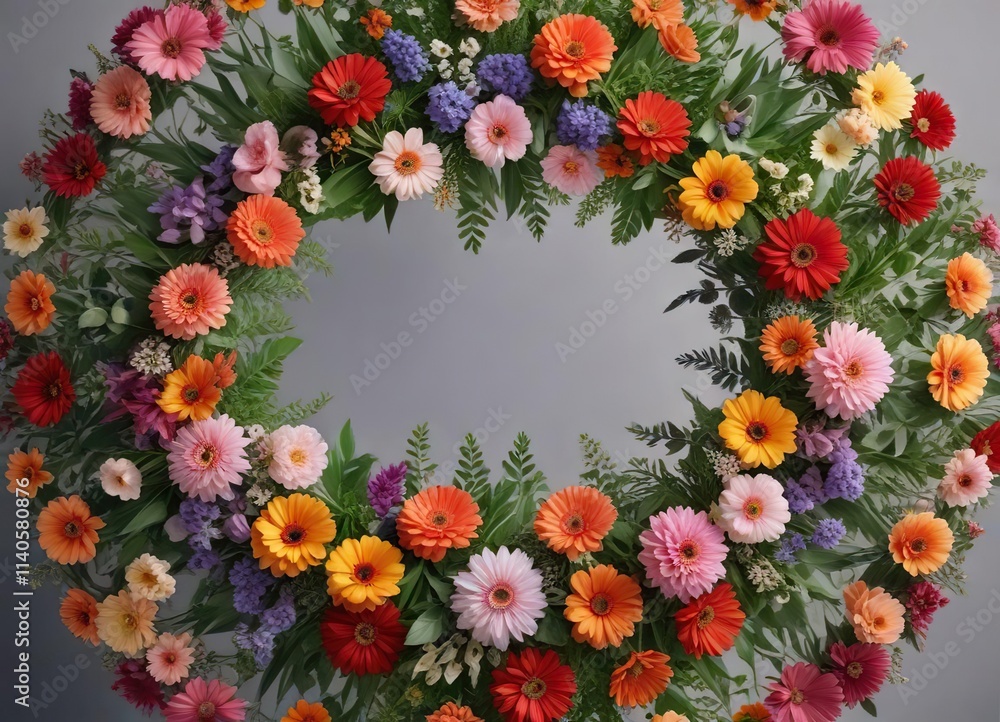 Fresh cut flowers arranged in a circular pattern with greenery and foliage , garden, botanical, greenery Fresh cut flowers arranged in a circular pattern with greenery and foliage , garden, botanical, greenery
