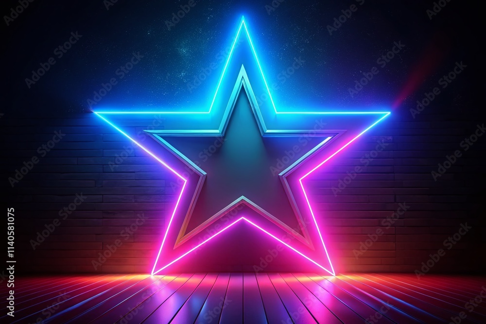 Neon Star 3D Render: Minimalist Geometric Wallpaper, Abstract Background, Colorful Glowing Star Neon Star 3D Render: Minimalist Geometric Wallpaper, Abstract Background, Colorful Glowing Star