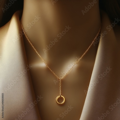 Elegant gold necklace with minimalist design against soft fabric background