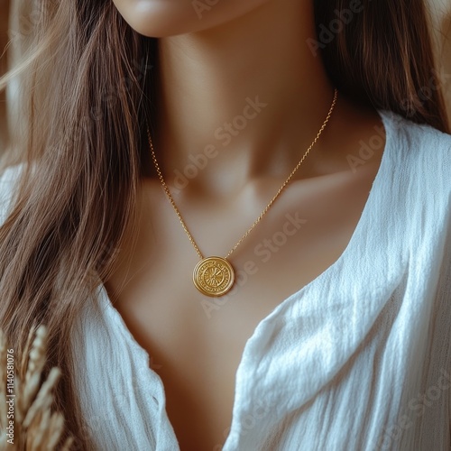 Elegant gold necklace with minimalist design against soft fabric background