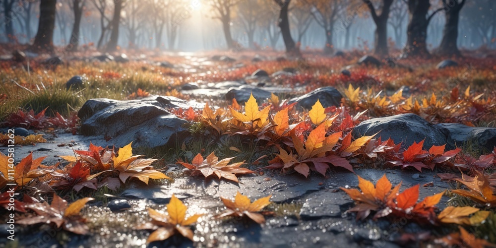 Frosty hues of autumn leaves scattered across the landscape with morning dew, serene atmosphere, nature scenery Frosty hues of autumn leaves scattered across the landscape with morning dew, serene atmosphere, nature scenery