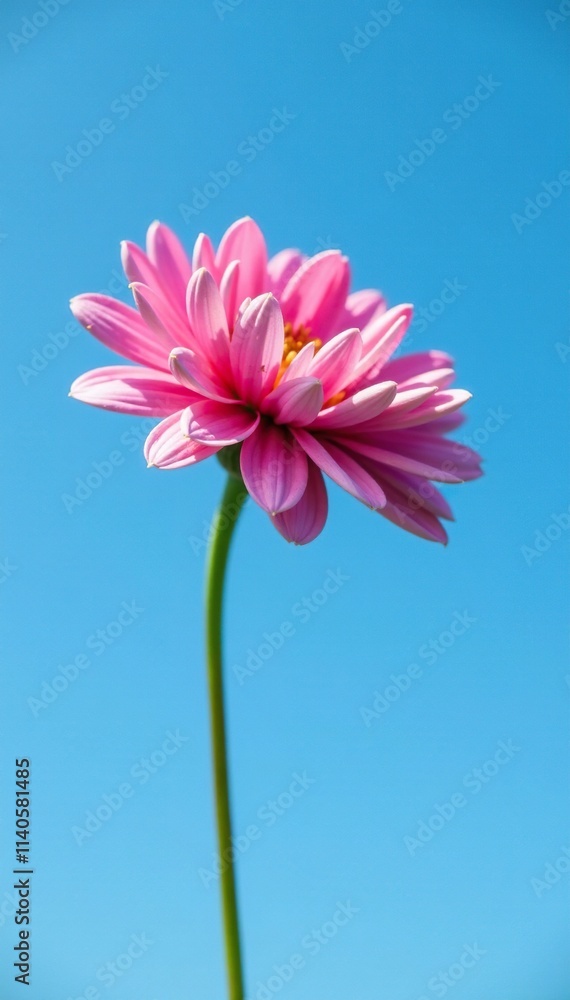 Single stem of pink chrysanthemum flower against a blue sky, stem, blossom Single stem of pink chrysanthemum flower against a blue sky, stem, blossom