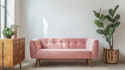 Comfortable modern living room with pink sofa and wooden decor in bright sunl...