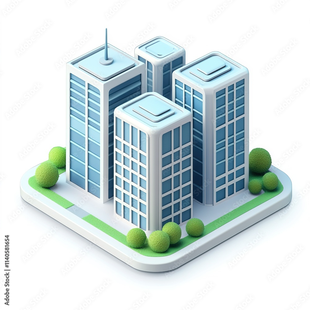 Three tall buildings with a green park in between them Three tall buildings with a green park in between them