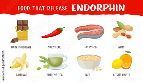 Foods that release endorphins. Important neurotransmitters. Landscape poster, banner.