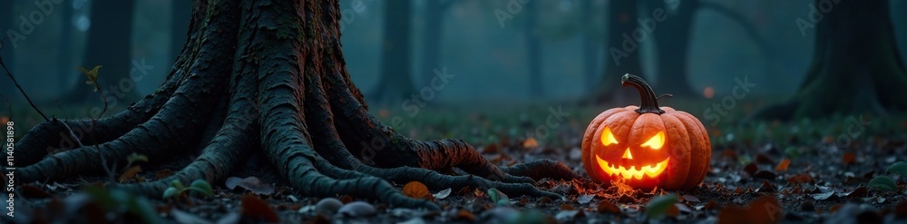 Fototapeta premium Glowing pumpkin nestled among twisted tree roots, glow, spooky, dark