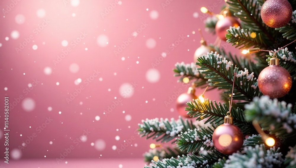 Snowflakes gently fall on a pink and gold Christmas tree background, festive background, christmas decor, winter wonderland Snowflakes gently fall on a pink and gold Christmas tree background, festive background, christmas decor, winter wonderland