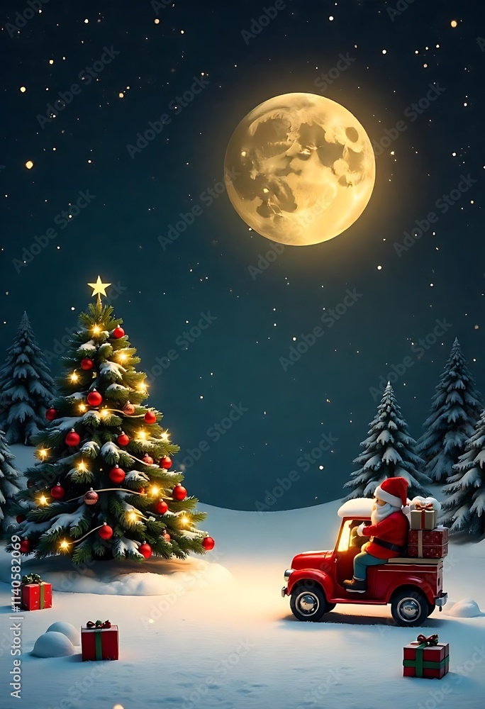 Fototapeta premium Winter Christmas Scene with Gradient Background, House, and Trees