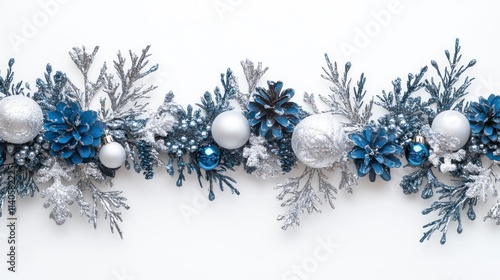 Festive Wintery Frame with Blue and Silver Decorations Featuring Pine Cones, Glittering Ornaments, and Frosted Foliage for Holiday Celebrations