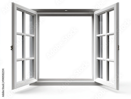 open  glass white window frame. isolated on white background