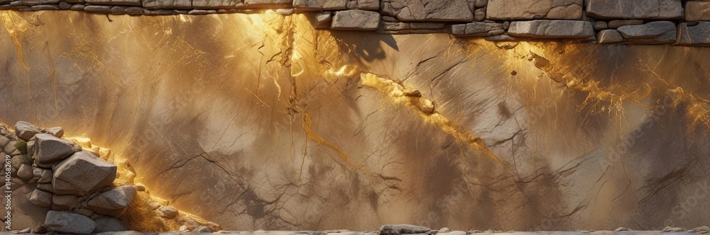 Fototapeta premium Haze of gold dust settles on a weathered stone wall with textured cracks and uneven surfaces, rugged landscape, atmospheric conditions