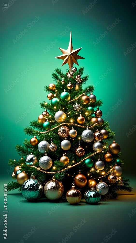 Fototapeta premium christmas tree of the lights tree stands centrally on a lush, emerald green background,