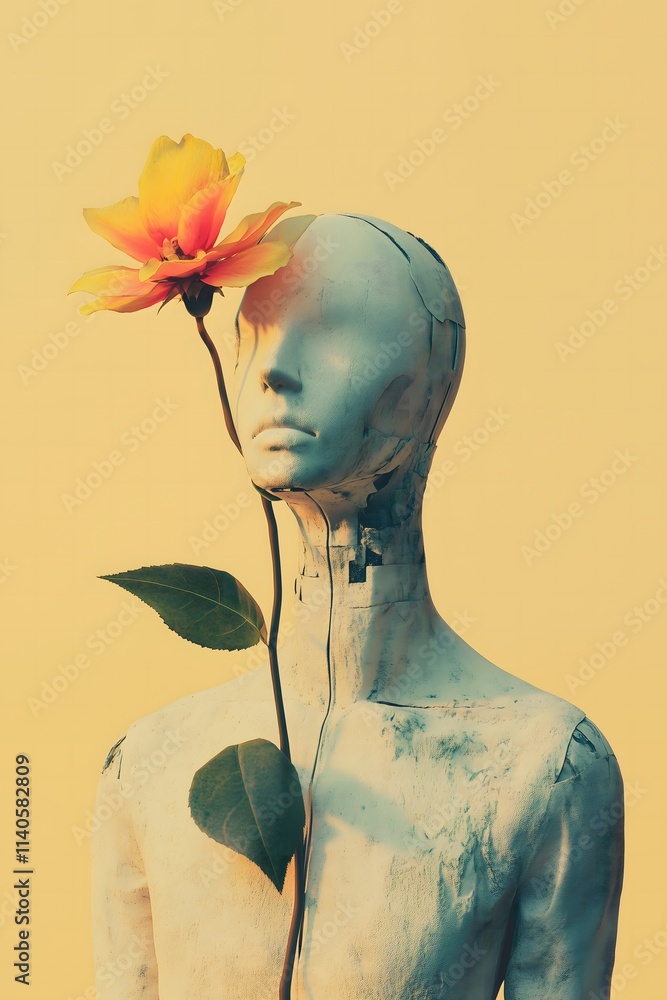 Portrait of a broken white mannequin looking sideways with a single orange flower on a pastel khaki background. State of mind, mental health, hope concept.