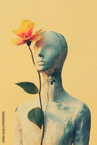 Obraz na płótnie Portrait of a broken white mannequin looking sideways with a single orange flower on a pastel khaki background. State of mind, mental health, hope concept. w salonie