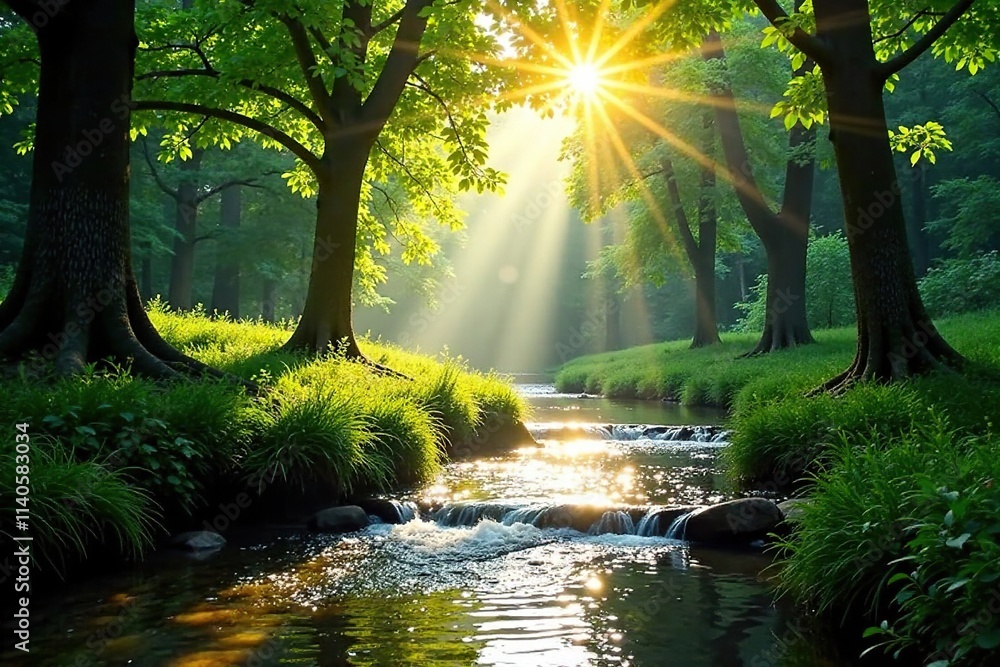 Obraz premium Sunlight filtering through trees by the stream, stream, serene, landscape