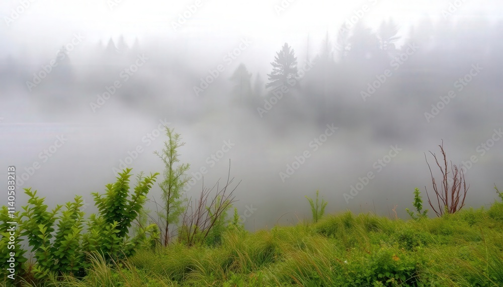 Fototapeta premium Fog in nature, cities and villages with misty forest landscape