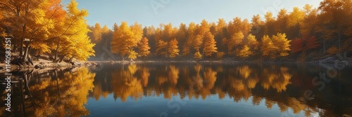 Landscape of golden autumn leaves on a serene lake, outdoor beauty, autumn colors