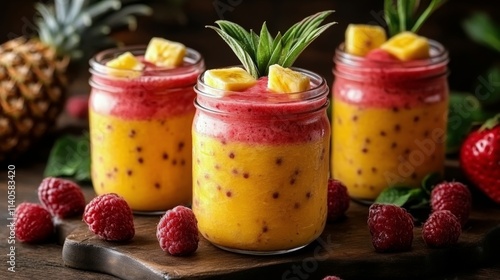 Tropical smoothie prepared with fresh pineapple and banana on wooden table
