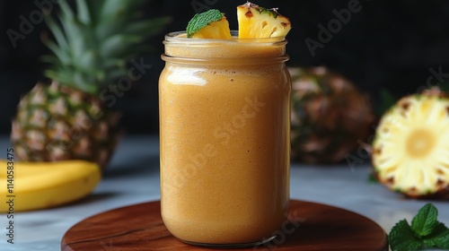 Tropical smoothie prepared with fresh pineapple and banana on wooden table