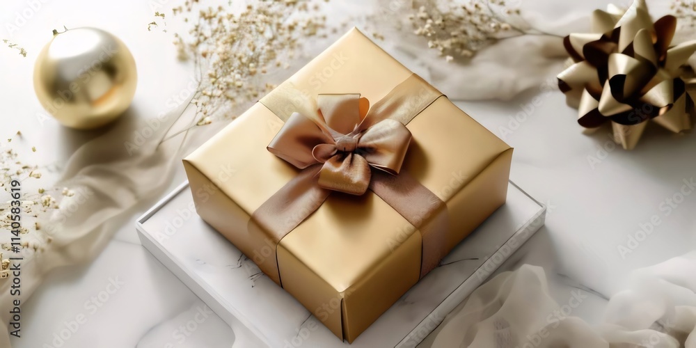 Gold gift box with ribbon on marble. Gold gift box with ribbon on marble.