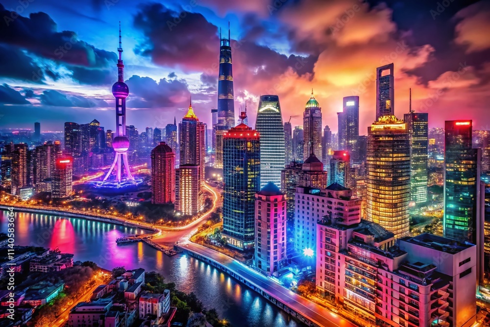 Fototapeta premium Night Cityscape Photography: Dark Urban Background, Neon Lights, City Nightscape, Night Photography Cover Photo