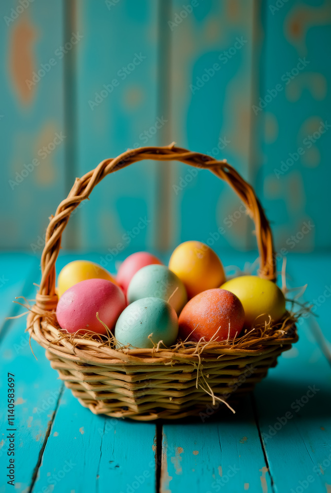 A basket of Easter eggs in a basket on a wooden table A basket of Easter eggs in a basket on a wooden table