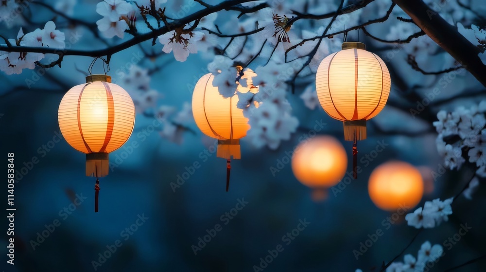 Illuminated paper lanterns hanging from cherry blossom branches at night. Illuminated paper lanterns hanging from cherry blossom branches at night.