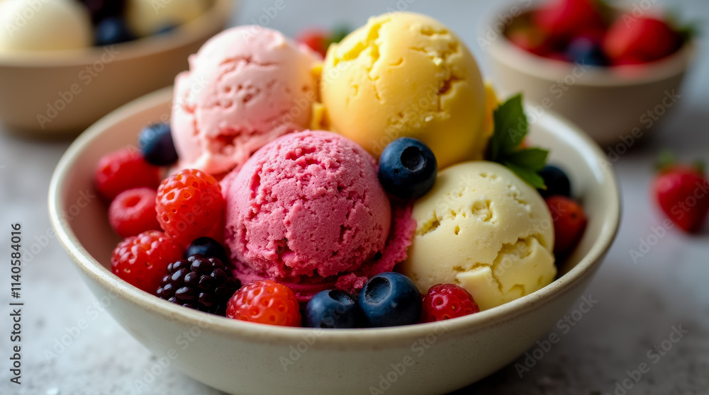 A bowl of ice cream with blueberries and strawberries A bowl of ice cream with blueberries and strawberries