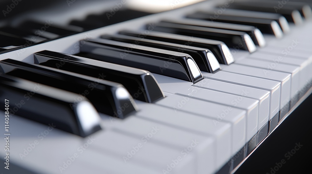 Close-up of glossy piano keys with dramatic lighting and shadows Close-up of glossy piano keys with dramatic lighting and shadows