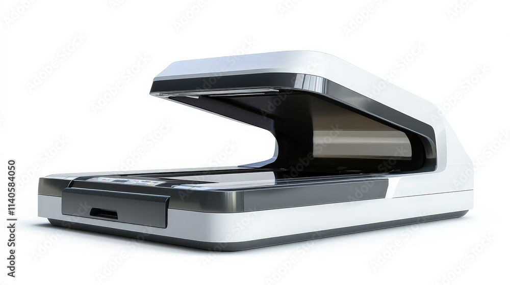 Modern flatbed scanner on white background with open lid for office and home use Modern flatbed scanner on white background with open lid for office and home use