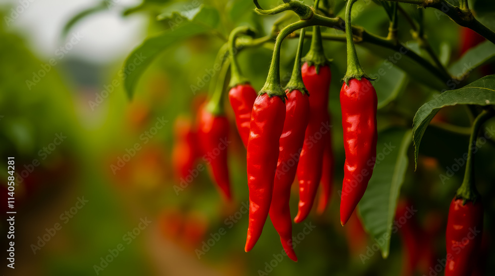 A bunch of red peppers hanging from a plant A bunch of red peppers hanging from a plant