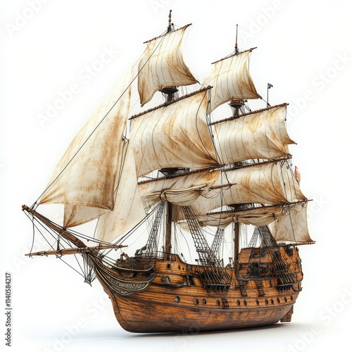 Detailed model ship with sails unfurled navigating calm waters under blue sky