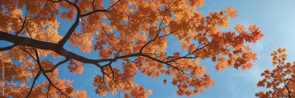 Maple tree with changing leaves against a blue sky, orange, season, green Maple tree with changing leaves against a blue sky, orange, season, green