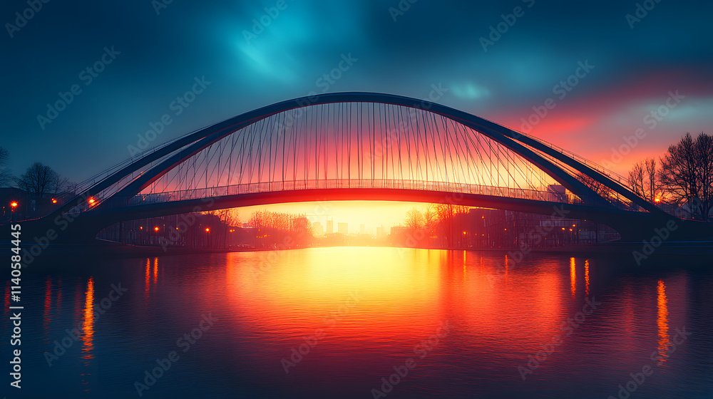 Fototapeta premium A stunning photography capturing an ultramodern bridge with sweeping lines, steel cables, and dynamic lighting, spanning over a tranquil river at sunset.