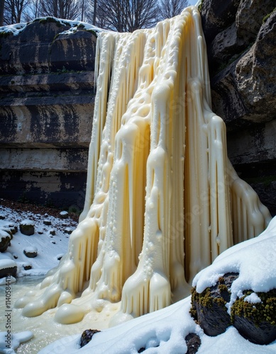 Surreal winter waterfall with creamy cascade and snow-covered rocks in tranquil nature scene photo