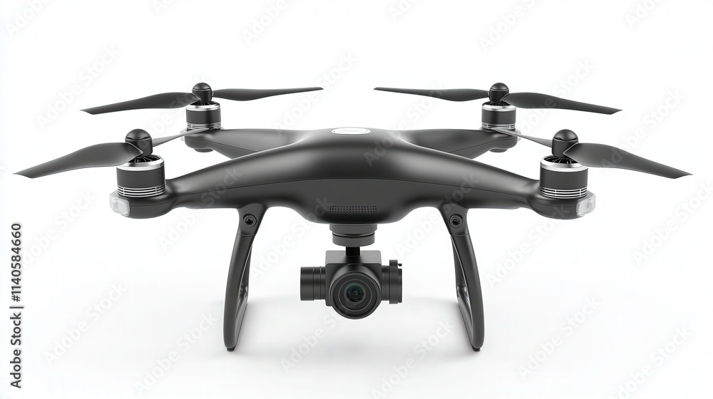 Sleek black drone with camera on white background reflecting modern technology trends Sleek black drone with camera on white background reflecting modern technology trends