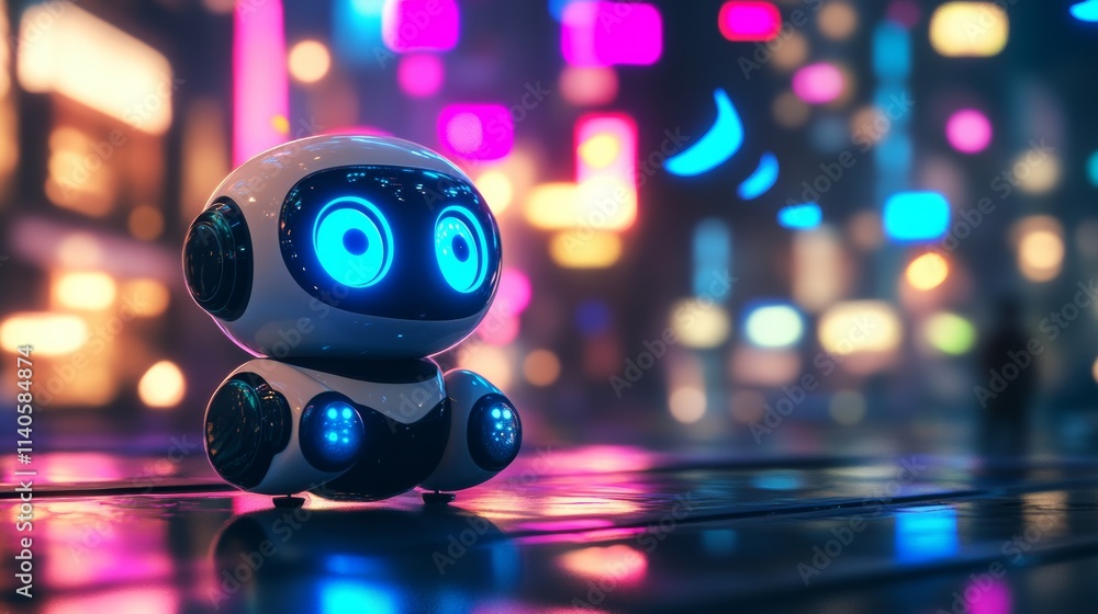 Cute robot exploring neon-lit city at night Cute robot exploring neon-lit city at night