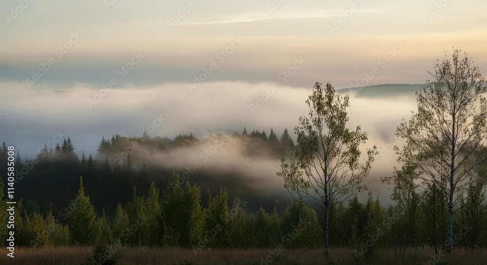 Fototapeta premium Fog in nature, cities and villages with misty forest landscape
