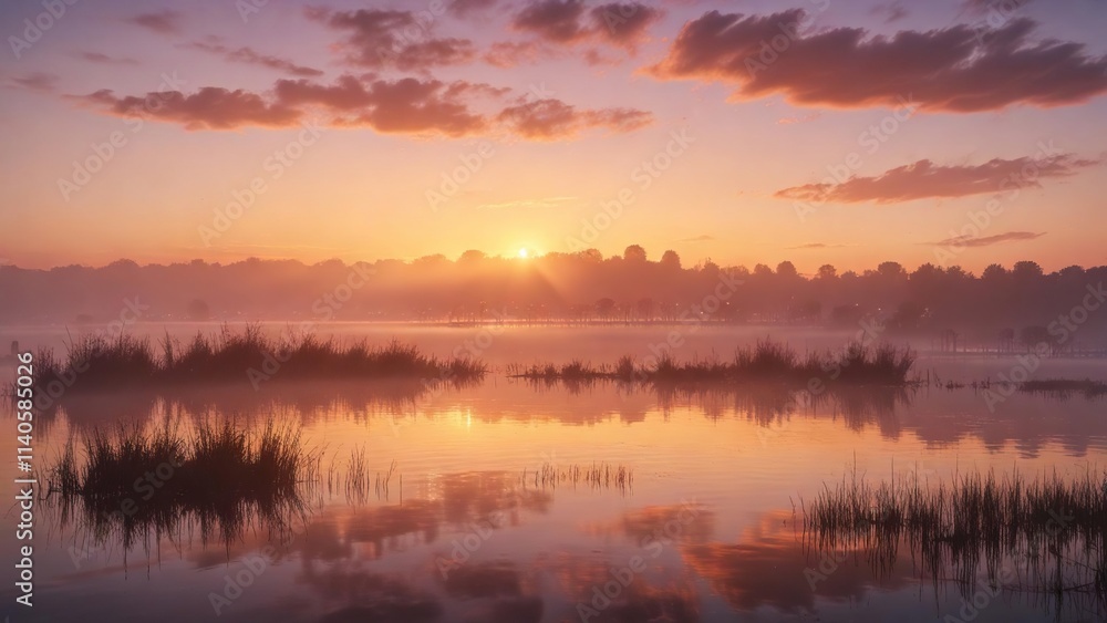 Fototapeta premium misty atmosphere over lake Neusiedl at sunset, atmosphere, clouds, Neusiedl