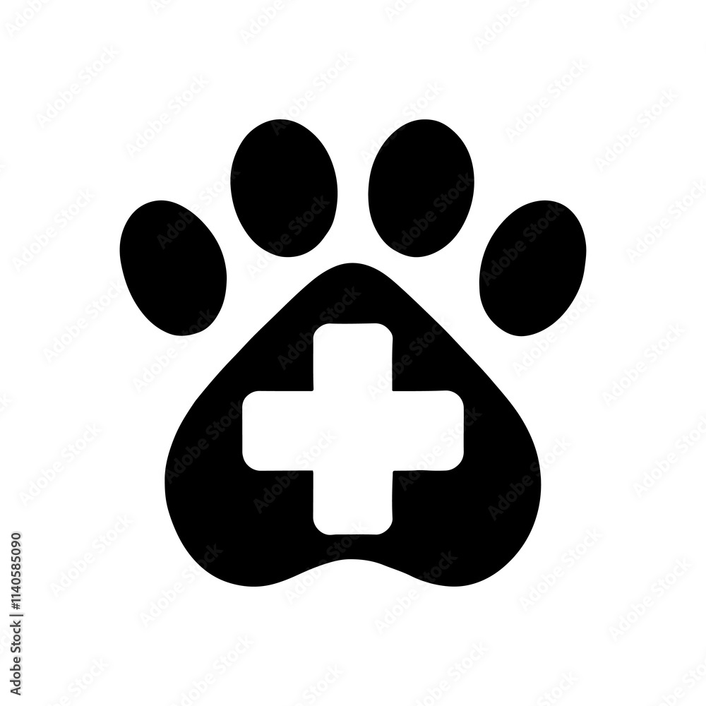 Paw print with white plus silhouette icon vector illustration design on white background. Paw print with white plus silhouette icon vector illustration design on white background.