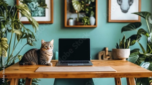 A curious cat sitting next to a laptop amidst various indoor plants in a styl...