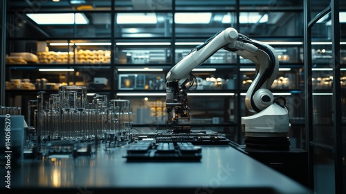 Robotic arm working in a modern laboratory with glassware and electronic comp...