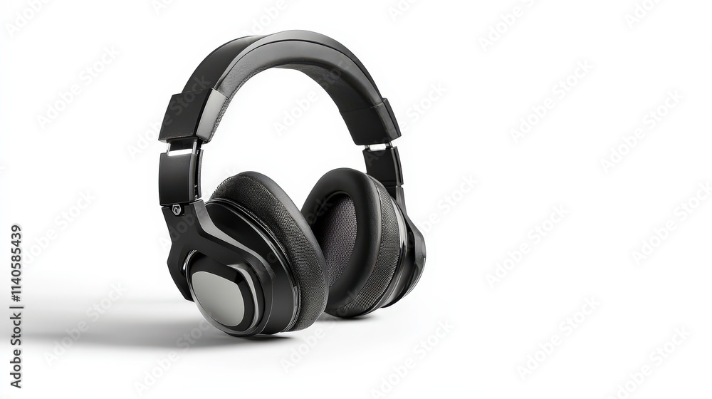 Sleek black headphones on minimalist white background for modern audio experience Sleek black headphones on minimalist white background for modern audio experience