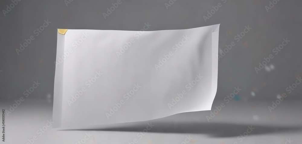 A single sheet of plain white paper suspended in mid-air over a grey surface, empty space, minimalist art A single sheet of plain white paper suspended in mid-air over a grey surface, empty space, minimalist art