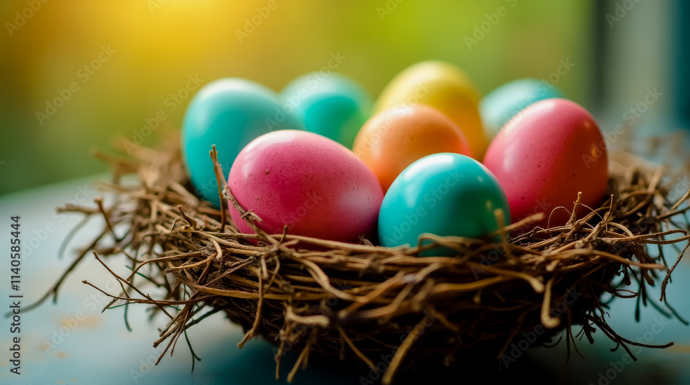 A basket of colorful eggs with a bird nest in the middle A basket of colorful eggs with a bird nest in the middle