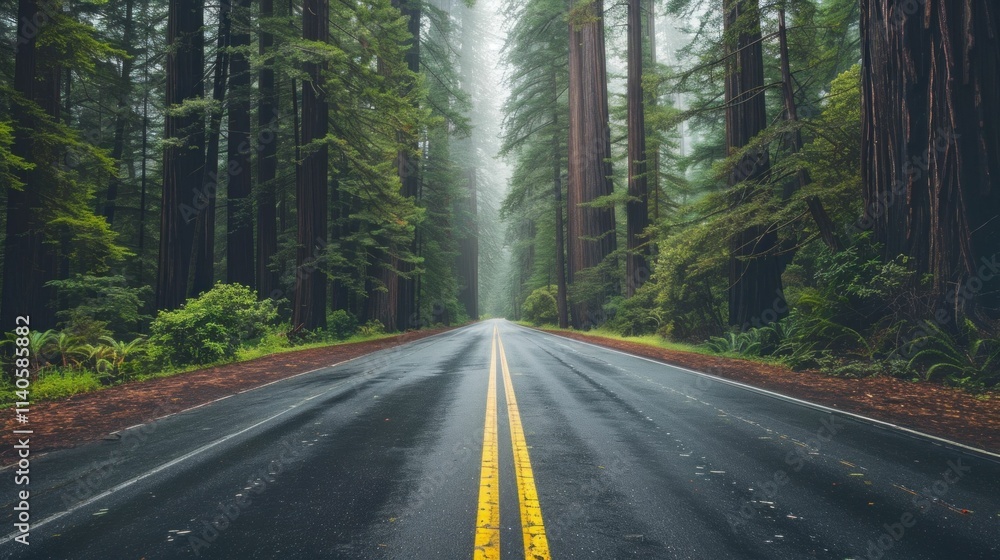 Forest road, fog, nature, tranquility, adventure A serene road lined by towering redwood trees, enveloped in mist Vibrant green foliage contrasts with the asphalt Forest road, fog, nature, tranquility, adventure A serene road lined by towering redwood trees, enveloped in mist Vibrant green foliage contrasts with the asphalt